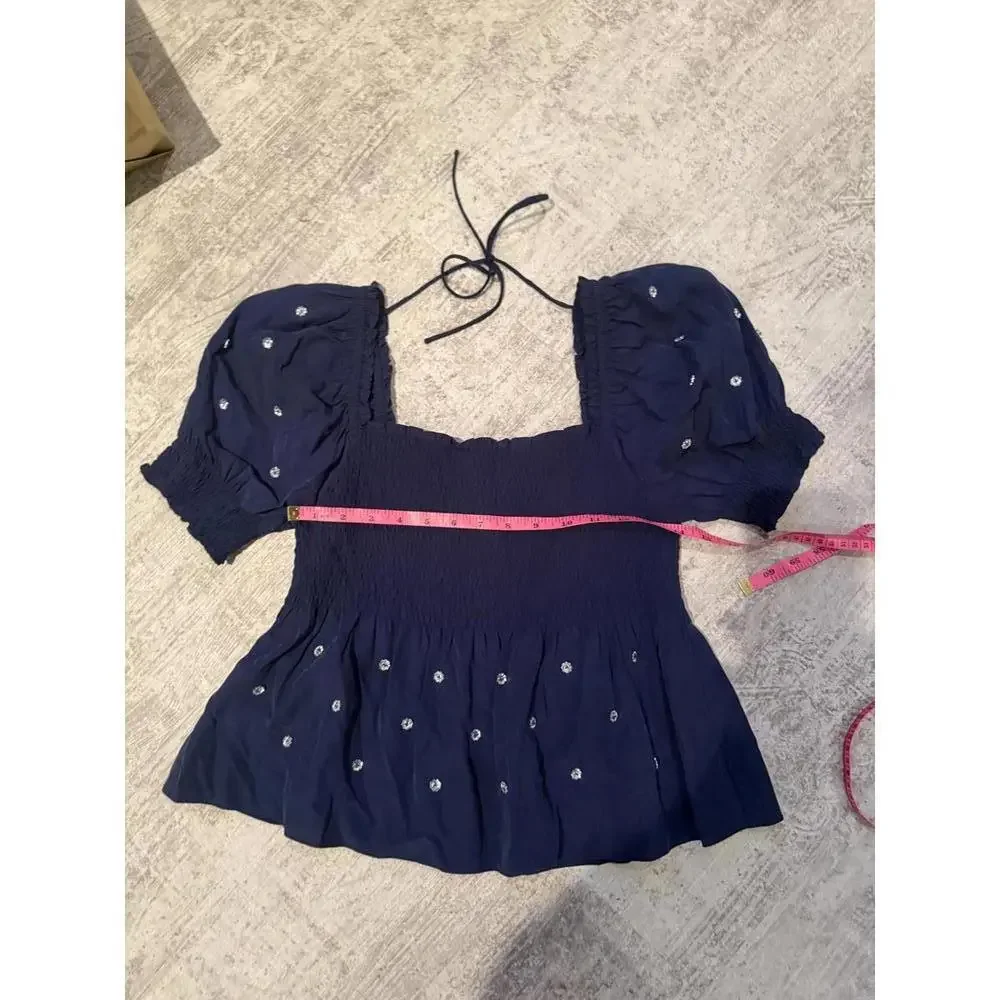 Hill House Navy Blue Smocked Embellished Puff Sleeve Blouse sz L